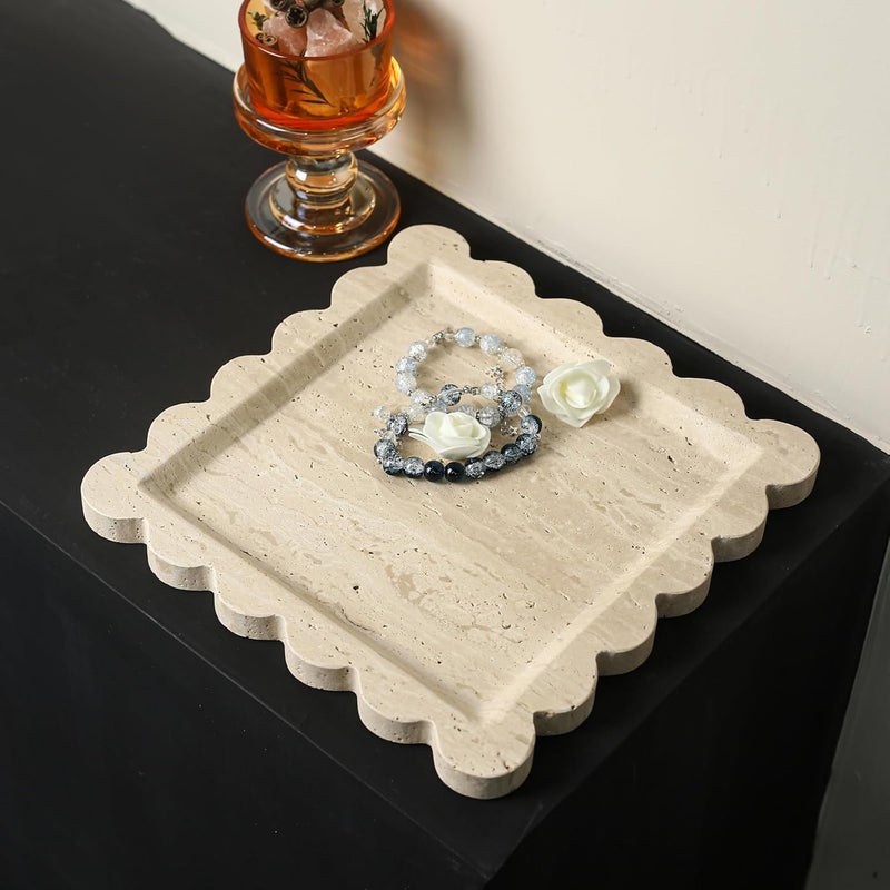 Future stone Natural 100% Marble Vanity Tray Luxury Scalloped Marble Tray, Travertine Tray for Home Decor Bathroom Kitchen Candle Key (Square-9.8 * 9.8-Beige Travertine) - Image 5